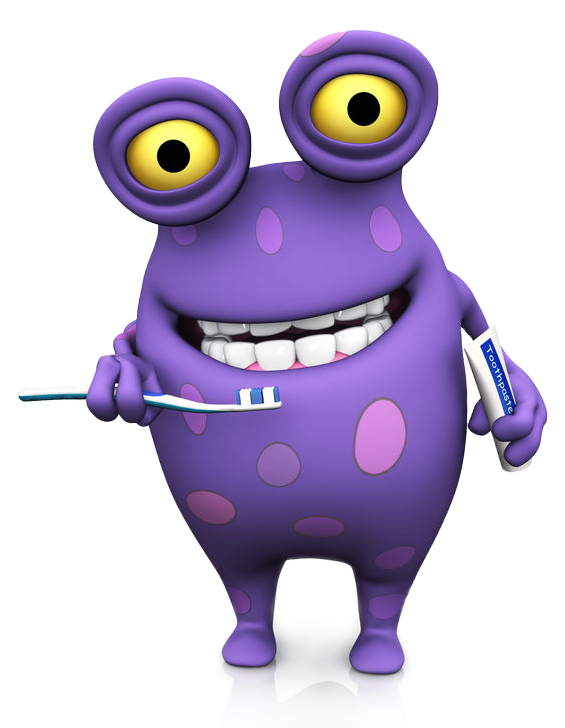 green monster holding toothbrush